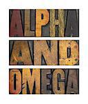 The words ALPHA AND OMEGA isolated and written in vintage letterpress type