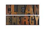 The words CLEAN ENERGY written in vintage letterpress type