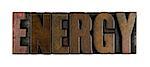 The word ENERGY written in vintage wood letterpress type.