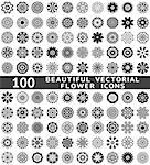 100 Beautiful abstract flower icons. Vector illustration for your pretty chic design. Set of natural shapes. Different romantic feminine symbols. Spring and summer elements. Fantasy collection.