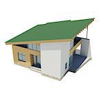 Wooden house with a green roof. Isolated render on a white background