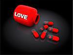 abstract 3d illustration of love pills over dark background