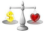 Love or money scales, scales with a dollar sign on one side and a heart on the other