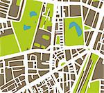 Abstract vector city map with white streets, dark brown buildings, green park and blue ponds. Simply draft town plan illustration