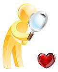 Looking for love concept of a person looking at a heart shaped symbol with a magnifying glass