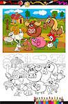 Coloring Book or Page Cartoon Illustration Set of Black and White Farm Animals Characters in Country Scene for Children