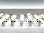 rows of light bulbs with cold light and with different sizes are growing in white pots that lie on a white and gray abstract ground