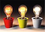 three lit light bulbs with different light color are growing in colored pots that lie on a dark background