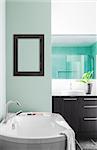 Modern Bathroom with blank wall for your test, image or logo. Soft Green Pastel Colors