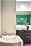 Modern Bathroom with blank wall for your test, image or logo. Soft Green Pastel Colors