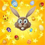 Easter bunny concept with happy Easter bunny face and stars and chocolate Easter eggs