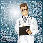 Vector hipster doctor man writing something with marker on clipboard