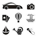 Black hobby and leisure icons on white background