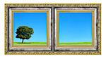 diptych with landscape isolated on white background, photo inside is my property