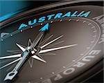 Abstract compass needle pointing the destination australia, blue and brown tones with focus on the main word. Concept image suitable for illustration of trip counseling.