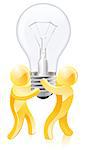 Creative thinking concept of two gold people holding a lightbulb.