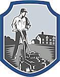 Illustration of male gardener mowing with lawn mower facing front set inside shield crest with house in background done in retro woodcut style.