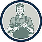 Illustration of a plumber with monkey wrench set inside circle facing front done in retro woodcut style on isolated background.