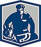 Illustration of a canine policeman police officer security guard with police dog with facing front set inside shield crest on isolated background done in retro style.