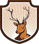 Illustration of a stag deer buck head facing front set inside shield crest done in cartoon style.