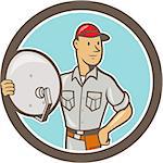 Illustration of a cable tv installer guy holding satellite dish viewed from front set inside circle done in cartoon style on isolated white background.