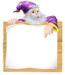 Wizard character with beard pointing pointing at a scroll sign background