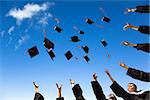 Students throwing graduation hats in the air celebrating