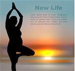 Pregnant woman in yoga position on sunset background