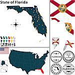 Vector set of Florida state with flag and icons on white background