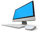 Modern desktop computer with blue screen isolated on white background