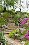 Stone stairs in the green park surrounded by beautiful flowers