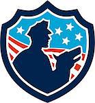 Illustration of a silhouette of a policeman security guard with police dog with American stars and stripes set inside shield done in retro style.