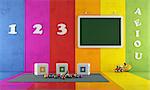 Play room with toys and blackboard ,colorful walll and floor - rendering