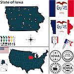 Vector set of Iowa, state with flag and icons on white background