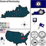 Vector set of Kentucky state with flag and icons on white background