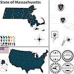 Vector set of Massachusetts state with flag and icons on white background