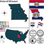 Vector set of Missouri state with flag and icons on white background