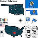 Vector set of Oklahoma state with flag and icons on white background