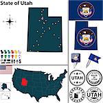 Vector set of Utah state with flag and icons on white background