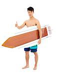 young surfer holding a surfboard and thumb up