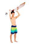 young surfer put surfboard on the head and look forward