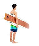 surfer holding a surfboard over white background