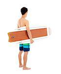 young boy holding a surfboard over white background
