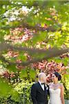 Portrait of bride and groom smiling and looking at each other, standing in garden, Toronto, Ontario, Canada