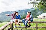 Four friends sitting on fence, Tyrol Austria