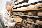 Worker examining cheese round at farm factory