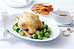 Still life of roast chicken with brussel sprouts and carrots