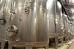 Stainless steel vats on industrial wine cellar