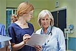 Two female doctors checking medical record