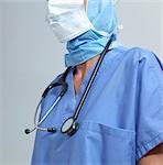 Surgeon wearing surgical scrubs and mask